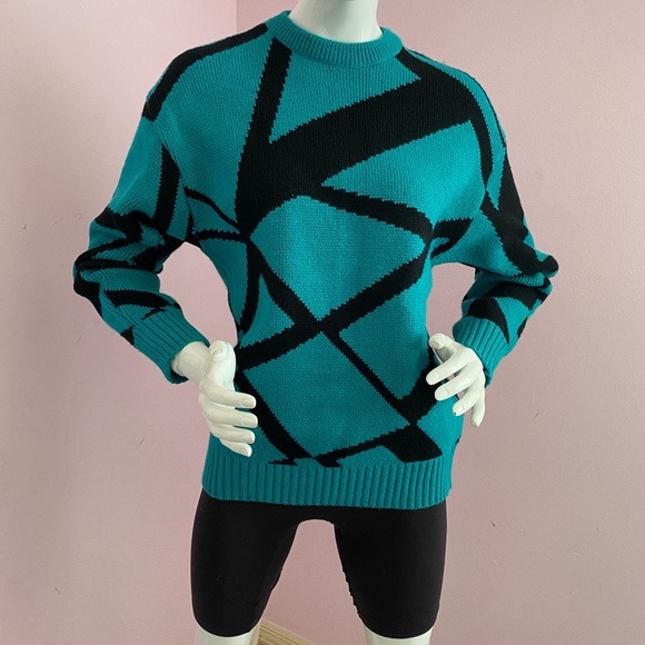 VTG 80s Ski Sweater Marceau Sports Pullover Abstract Drop Shoulder Retro - Picture 1 of 16